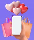 hand holding smartphone and purchase online on mobile app store banner design. Paying and shopping with phone mockup illustration Royalty Free Stock Photo