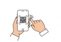 Hand holding smartphone with qr code and finger touching screen isolated on white background Royalty Free Stock Photo
