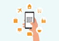 Hand holding smartphone with qr code and icons, business technology concept
