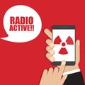 Hand holding smartphone with radiation icon. Vector illustration