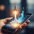 Hand holding smartphone with rocket launch and graphs isolated on transparent background Royalty Free Stock Photo