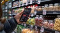 hand holding a smartphone scanning a QR code on a food product packaging. The screen displays a list of ingredients with Royalty Free Stock Photo