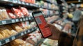 hand holding a smartphone scanning a QR code on a food product packaging. The screen displays a list of ingredients with Royalty Free Stock Photo