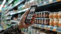 hand holding a smartphone scanning a QR code on a food product packaging. The screen displays a list of ingredients with Royalty Free Stock Photo