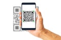 Hand holding smartphone scanning QR code on white background