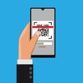 Hand holding smartphone and scanning QR code. Vector illustration.. Royalty Free Stock Photo