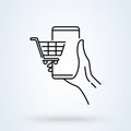 Hand holding smartphone on the screen sign line icon or logo. online store for mobile phone concept.  Shopping cart with mobile Royalty Free Stock Photo