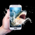 Hand holding a smartphone with a shark coming out of it Royalty Free Stock Photo