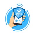 Hand holding a smartphone with a shield icon depicting a VPN connection for secure internet access Royalty Free Stock Photo