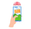 Hand holding smartphone showing package delivery via parachute. Online shopping and fast delivery concept vector