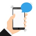 Hand holding smartphone with speech bubble. concept of online communication, voicemail and chat application. isolated on Royalty Free Stock Photo