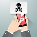 Hand holding smartphone with speech bubble on screen. Threats, mobile malware, spam messages, fraud, sms spam concepts.