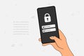 Hand holding a smartphone to login username and password on screen. Data privacy online protection on mobile phone application.