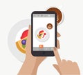 Hand holding smartphone, touching screen and taking food photography for social network. Vector. Making breakfast photo Royalty Free Stock Photo