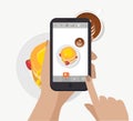 Hand holding smartphone, touching screen and taking food photography for social network. Vector. Making breakfast photo