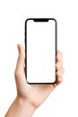 Hand holding a smartphone. Transparent mobile screen mockup. No background.