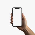 Hand holding smartphone Transparent mobile screen mockup with png background.