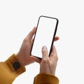 Hand holding smartphone Transparent mobile screen mockup with png background.