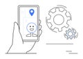 Hand Holding Smartphone with Location Pin and User Interface Next to Gears Symbolizing Configuration Royalty Free Stock Photo