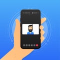 Hand holding smartphone with Video Call. Mobile speaking in video chat concept. Vector illustration.