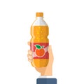 Hand holding soda drink icon in flat style. Plastic bottle vector illustration on isolated background. Water beverage sign Royalty Free Stock Photo