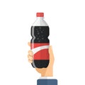 Hand holding soda drink icon in flat style. Plastic bottle vector illustration on isolated background. Water beverage sign Royalty Free Stock Photo