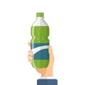 Hand holding soda drink icon in flat style. Plastic bottle vector illustration on isolated background. Water beverage sign Royalty Free Stock Photo