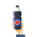 Hand holding soda drink icon in flat style. Plastic bottle vector illustration on isolated background. Water beverage sign Royalty Free Stock Photo