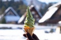 Hand holding Soft green tree ice cream