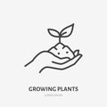 Hand holding soil with plant flat line icon. Vector thin sign of environment protection, ecology concept logo Royalty Free Stock Photo