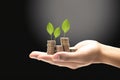 hand holding some stack of coins with plant growing generative AI Royalty Free Stock Photo