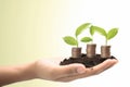 hand holding some stack of coins with plant growing on white background generative AI Royalty Free Stock Photo