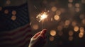 Hand holding Sparkler fireworks USA celebration with American flag nature background. Generative AI