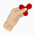 Hand holding spinner. Drawn fidget spinner in cartoon style. Toy for increased focus and stress relief. Vector.