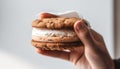 Hand holding a stack of homemade French macaroons, a sweet indulgence generated by AI