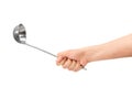 Hand holding a stainless steel ladle isolated on a white background Royalty Free Stock Photo