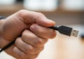 A hand holding a standard USB Type-A cable. The connector is black Royalty Free Stock Photo