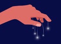 Hand holding stars on fingers. Shine lights on strings, mystical or magical boho vector background