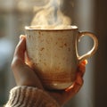 Hand holding a steaming cup of coffee