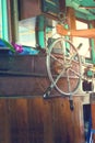 Hand holding steering wheel the fishing boat Royalty Free Stock Photo