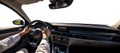 Hand holding the steering wheel. Generic panel. Driver\'s Point of View. Driver\'s Perspective. Transparent windshield. Royalty Free Stock Photo