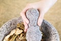 Hand holding stone pestle in bowl filled with Chinese Herbs