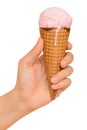 Hand holding strawberry ice cream cone isolated Royalty Free Stock Photo