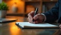 A hand holding a stylish black pen over an open notebook, minimalistic desk setup, blurred office background, warm ambient
