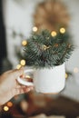 Hand holding stylish cup with fir branches on background of cozy knitted sweater, warm lights and sweden star in festive