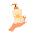 Hand Holding Sunscreen Lotion Bottle for Skin Protection and UV Rays Blocking Vector Illustration