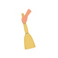 Hand holding sweeping broom, besom, human hand with tool for cleaning, housework concept vector Illustration on a white Royalty Free Stock Photo