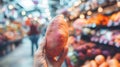 Hand holding sweet potato on blurred background with copy space, selecting fresh sweet potatoes Royalty Free Stock Photo