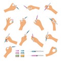 Hand holding syringe. Doctor make vaccination patient laboratory research covid injection hospital items recent vector