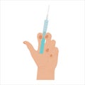 Hand holding syringe, flat style, catroon. Coronavirus vaccination, health care injection, treatment. Preventive measures to